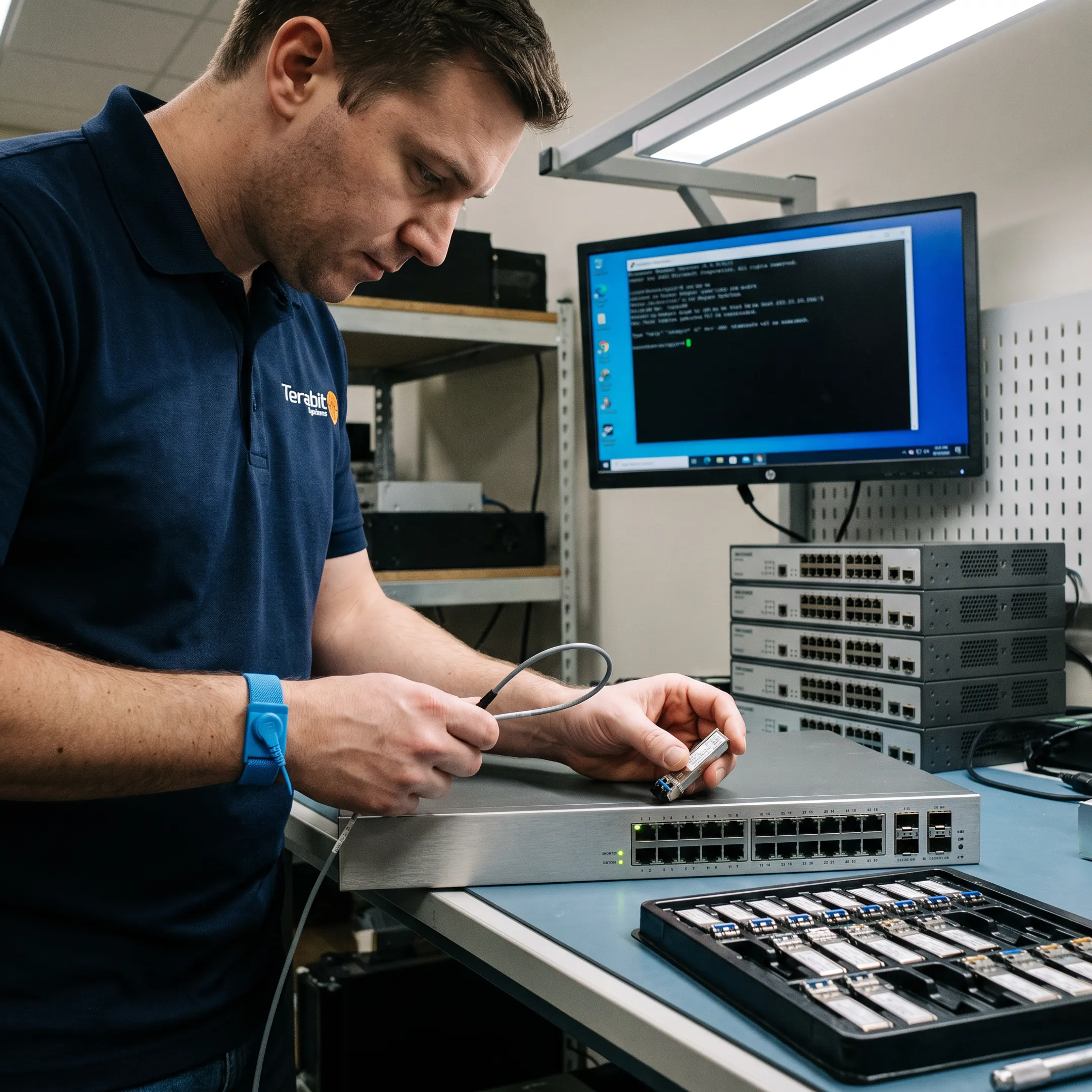 Technician inspecting a refurbished network switch