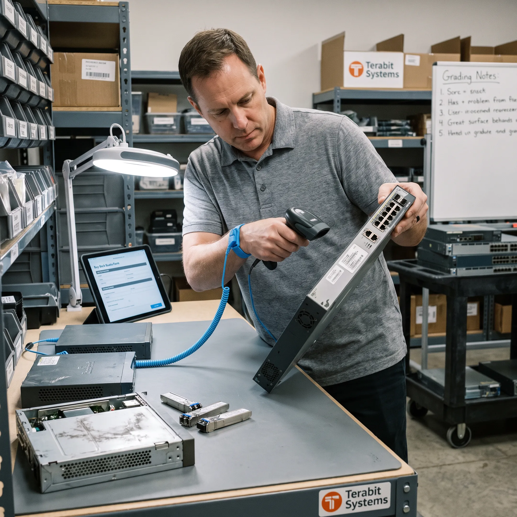 Technician inspecting refurbished network equipment