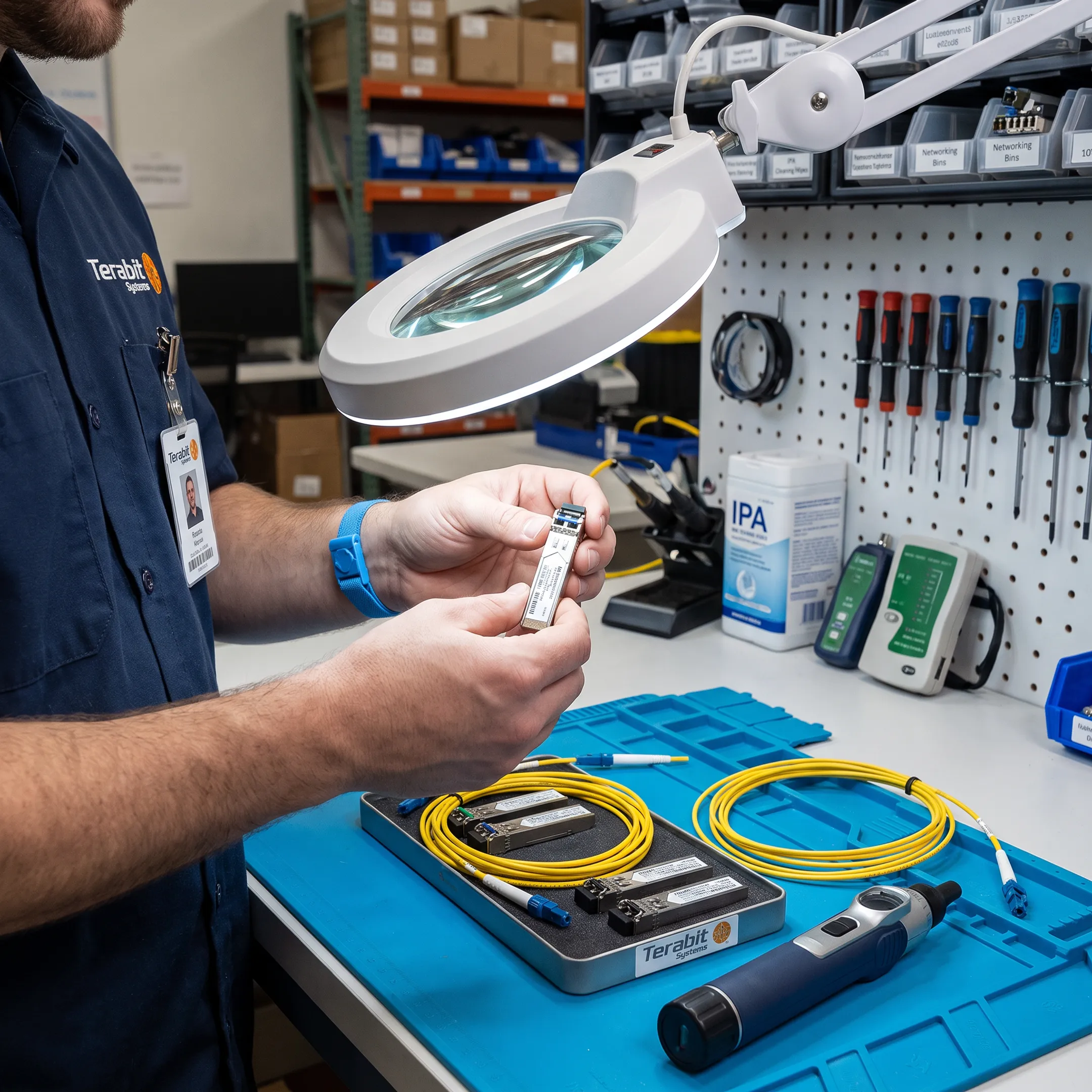 Technician inspecting an SFP transceiver
