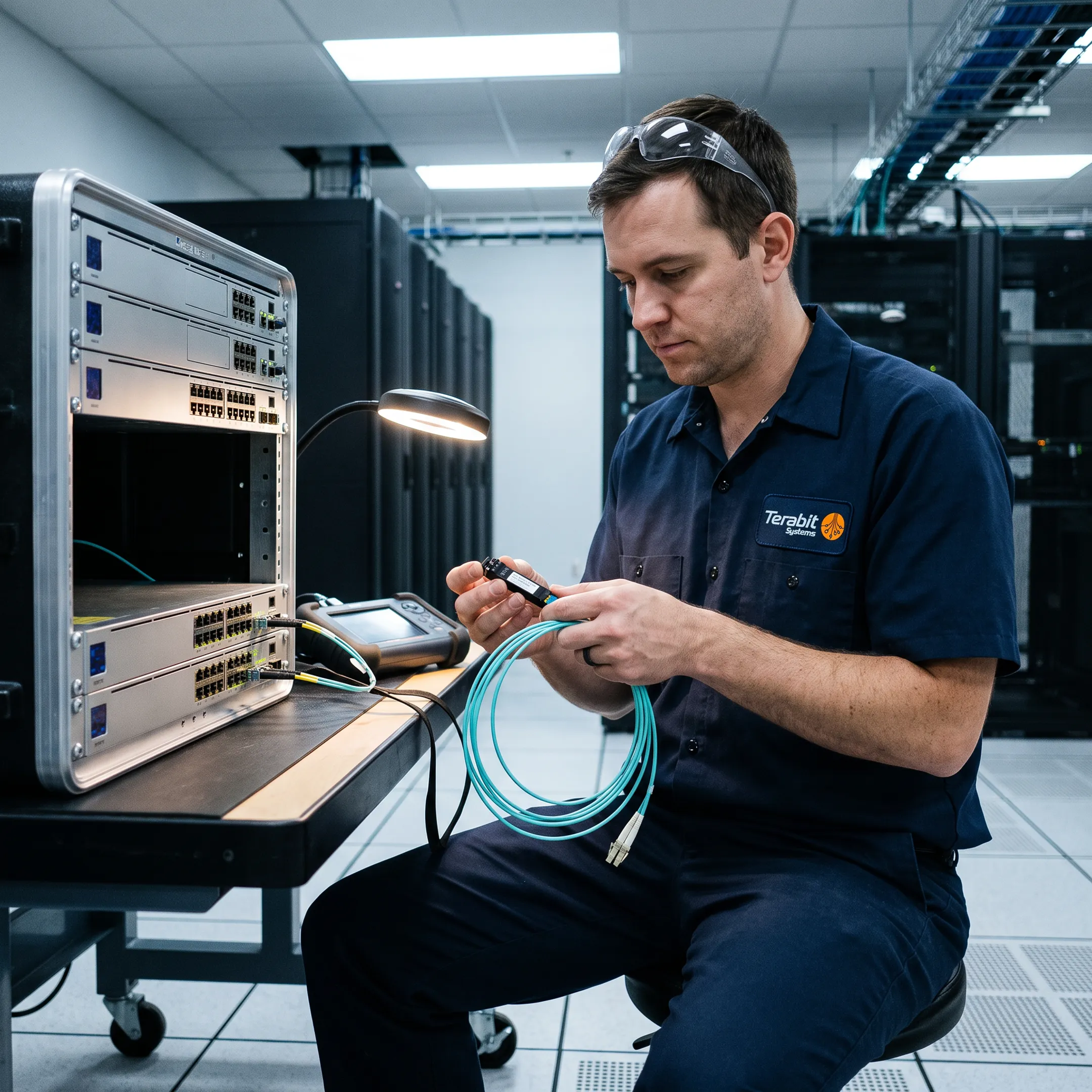 Technician inspecting a fiber optic transceiver