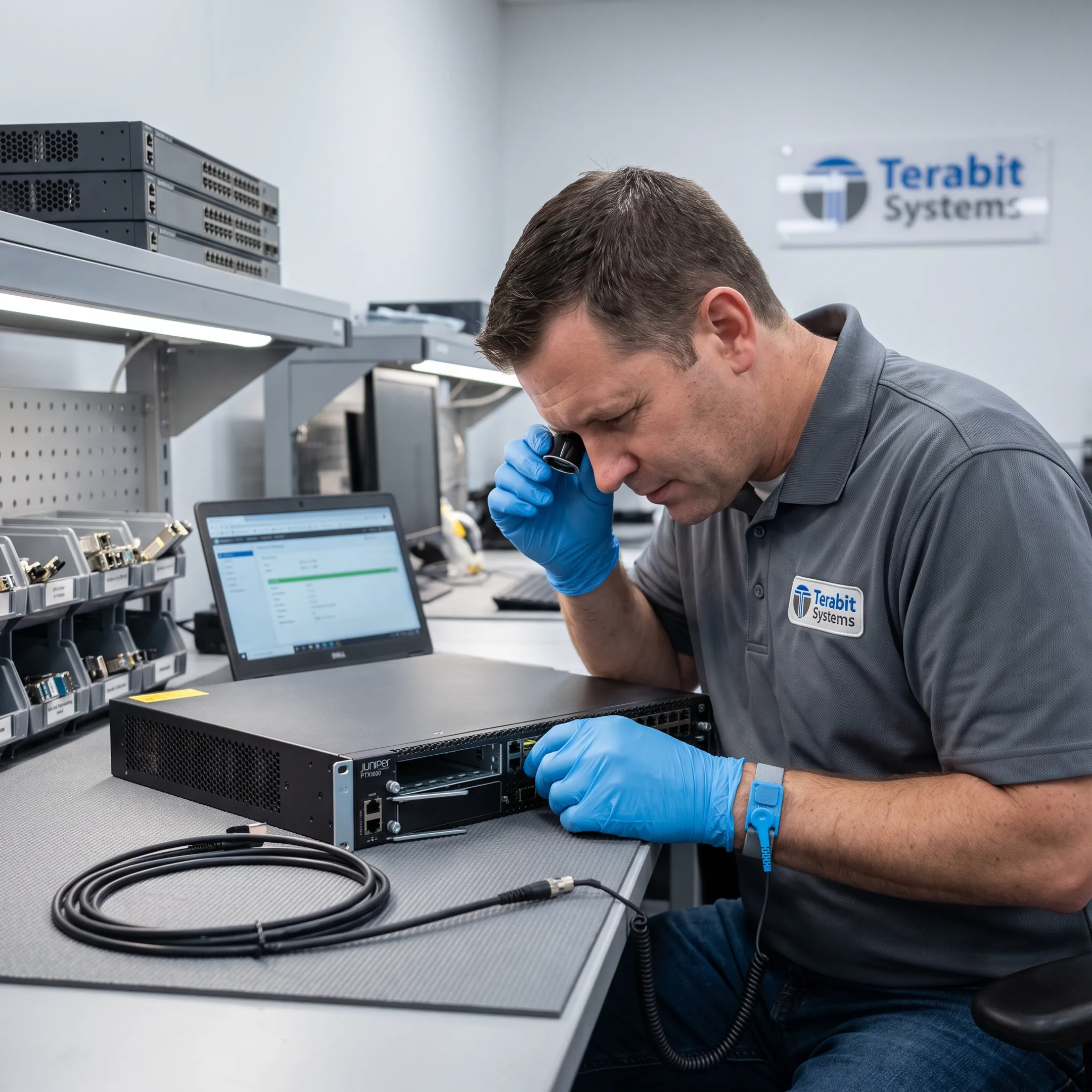 Technician inspecting a refurbished router