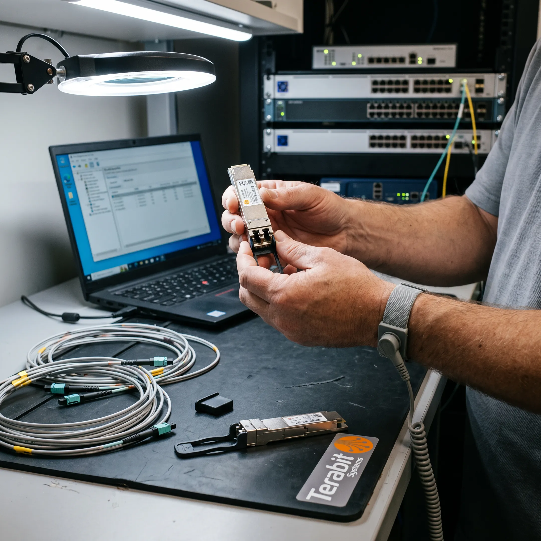 Technician inspecting an OSFP transceiver