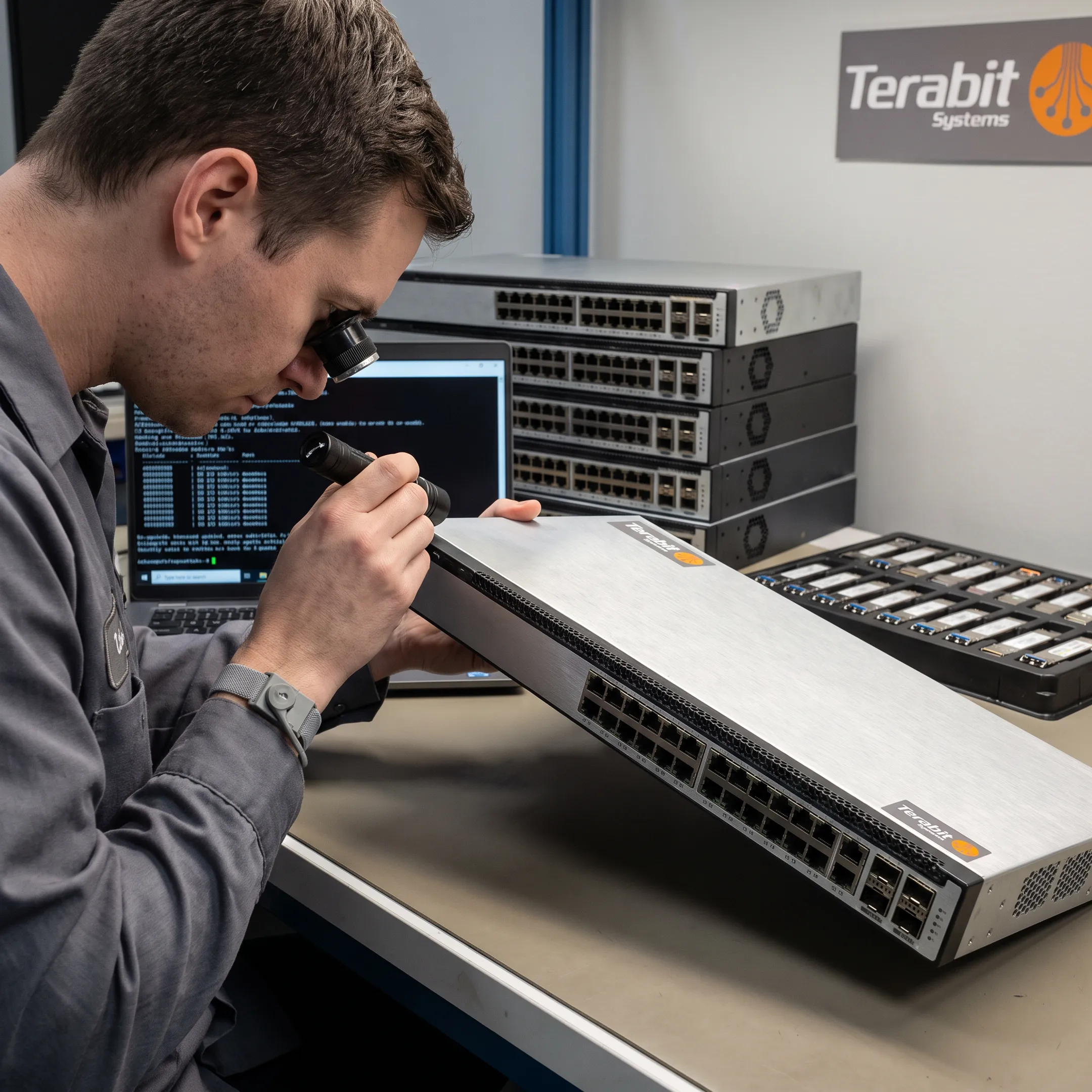 Technician inspecting a network switch