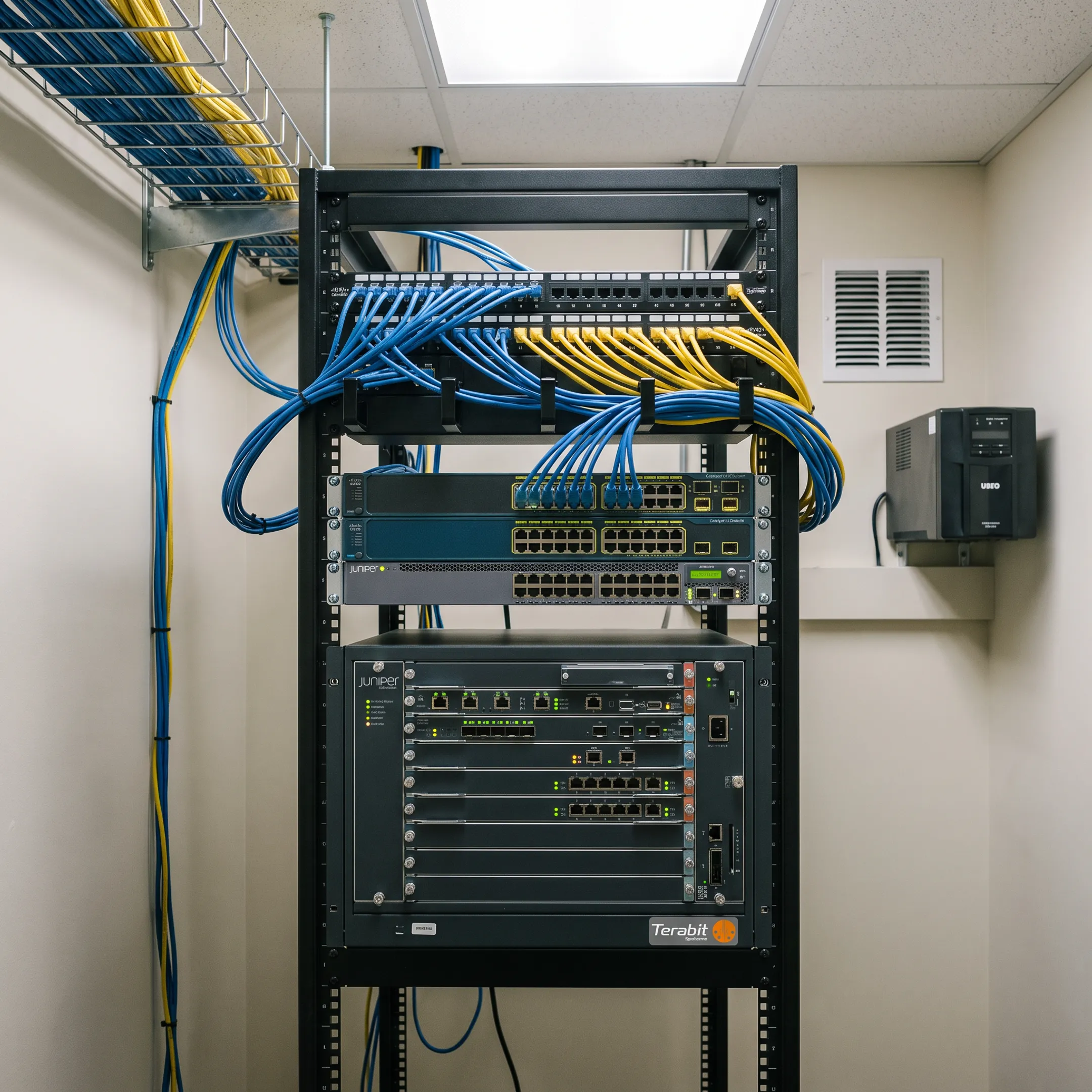 A large enterprise office network closet