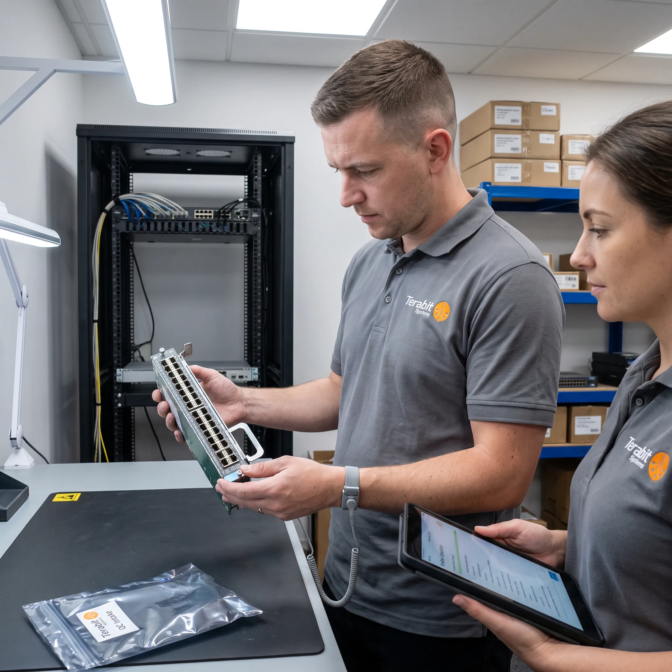 Enterprise IT procurement team inspecting hardware