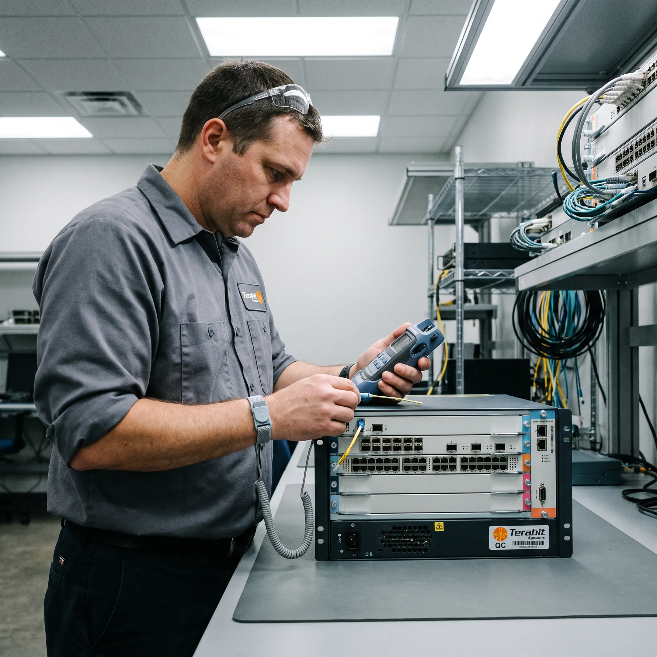 Technician inspecting rack-mounted routing hardware