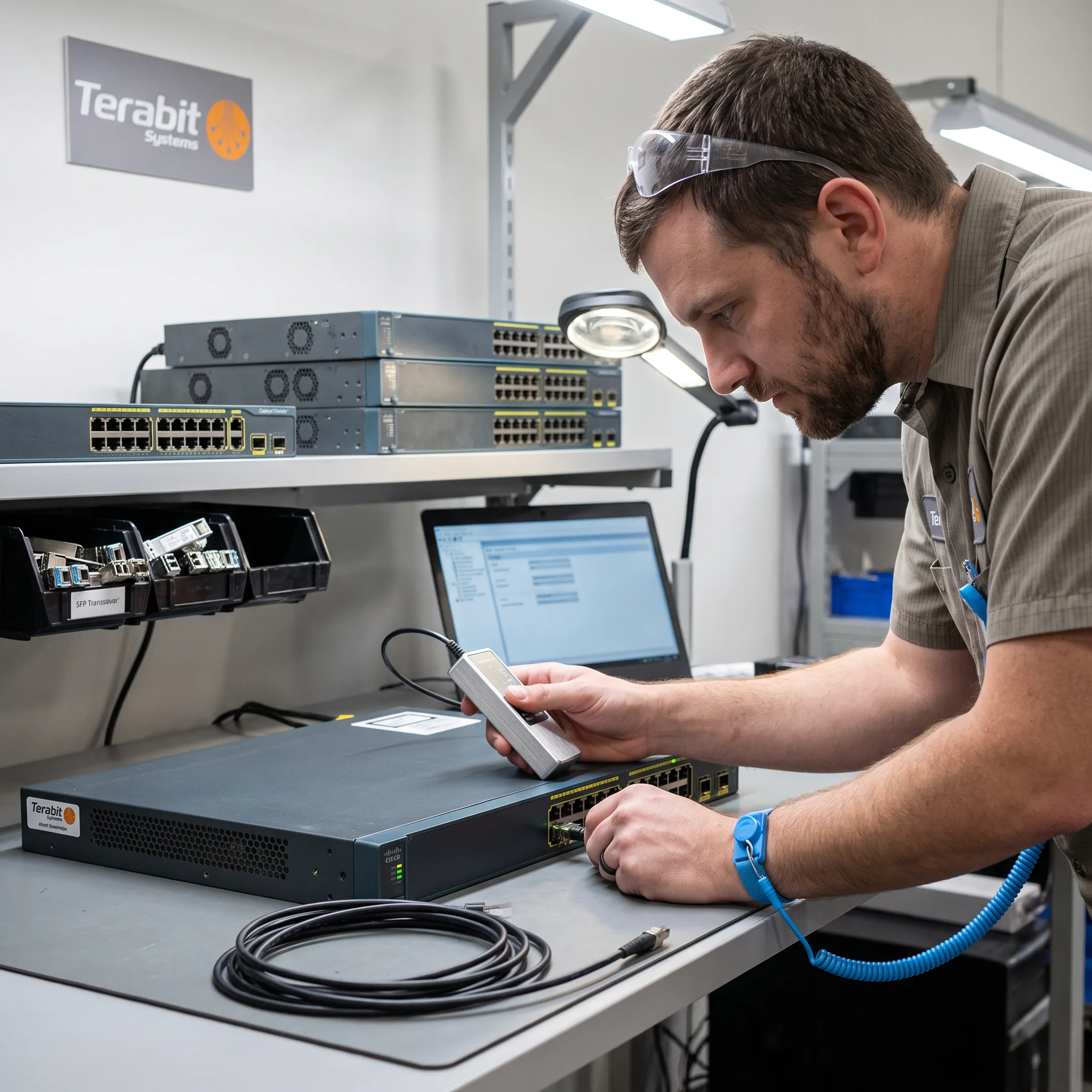 Technician inspecting a Cisco network switch