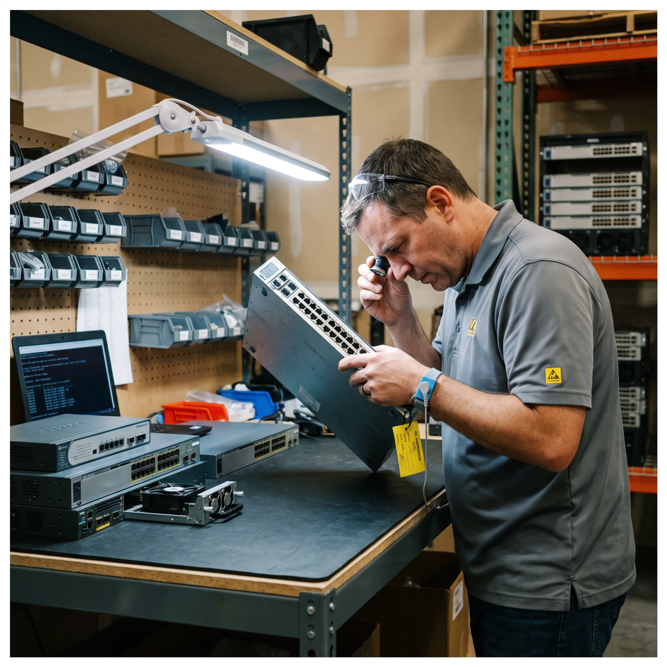 Technician inspecting refurbished network equipment