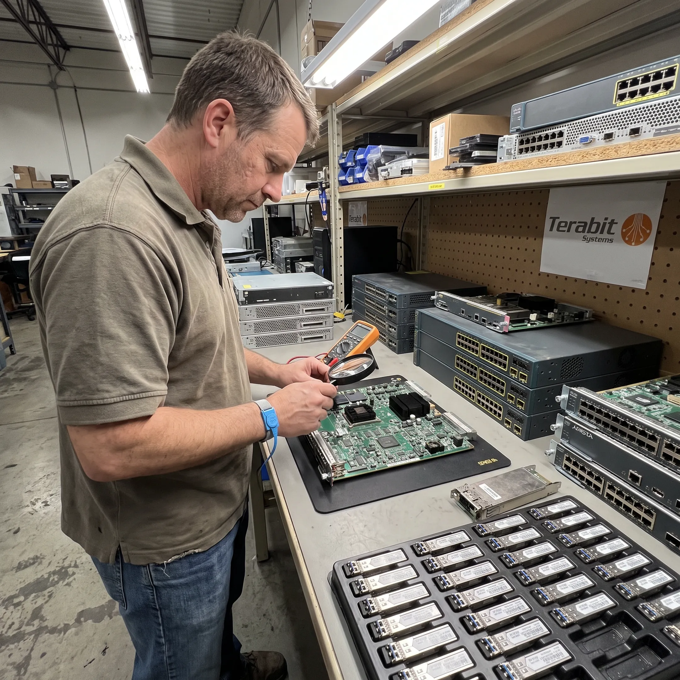 Technician inspecting enterprise routing hardware