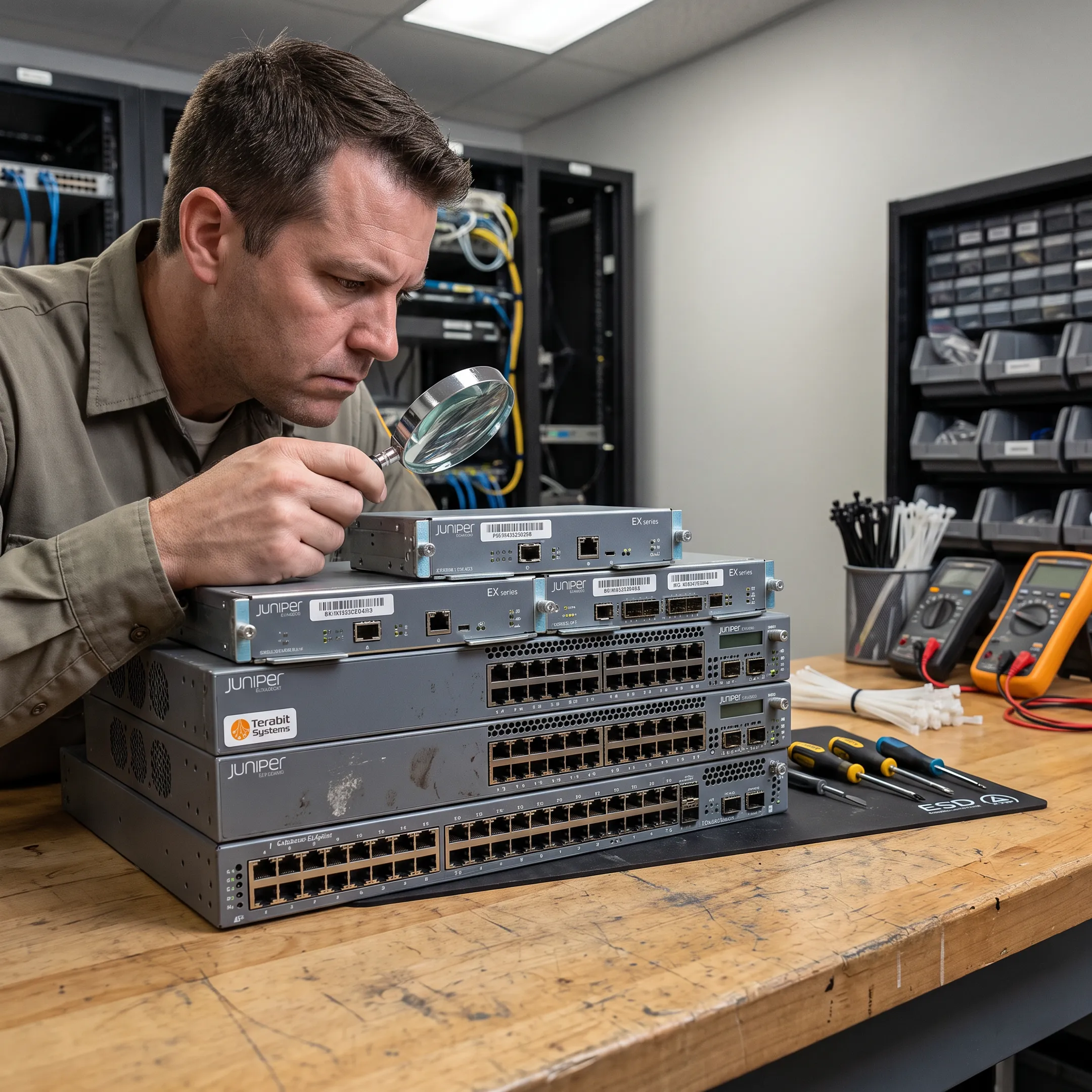 Technician reviewing used Juniper network hardware