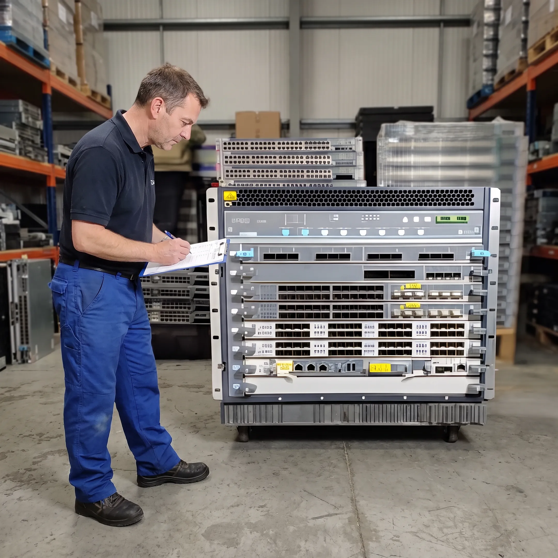 Technician inspecting a used network router