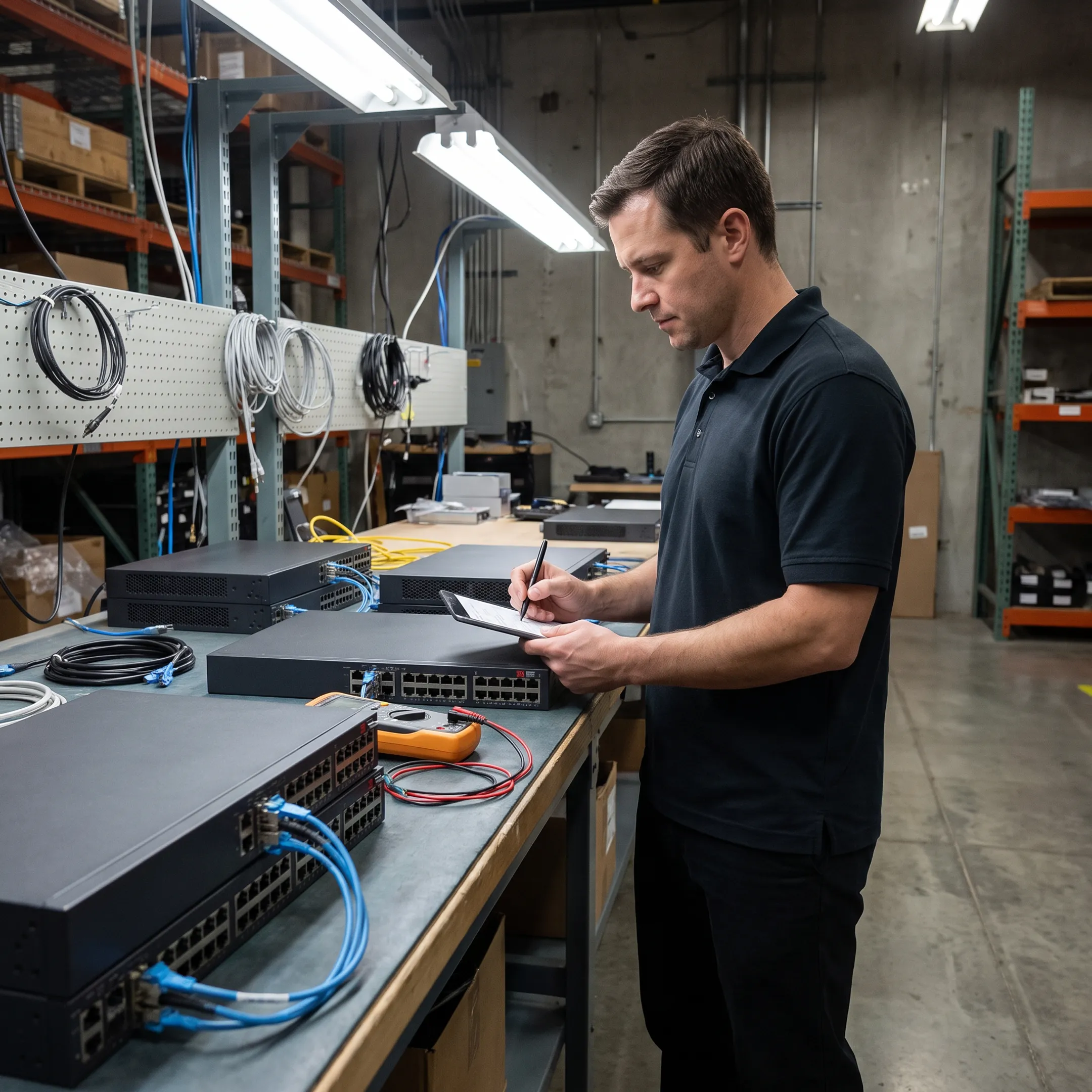 Technician inspecting refurbished networking hardware