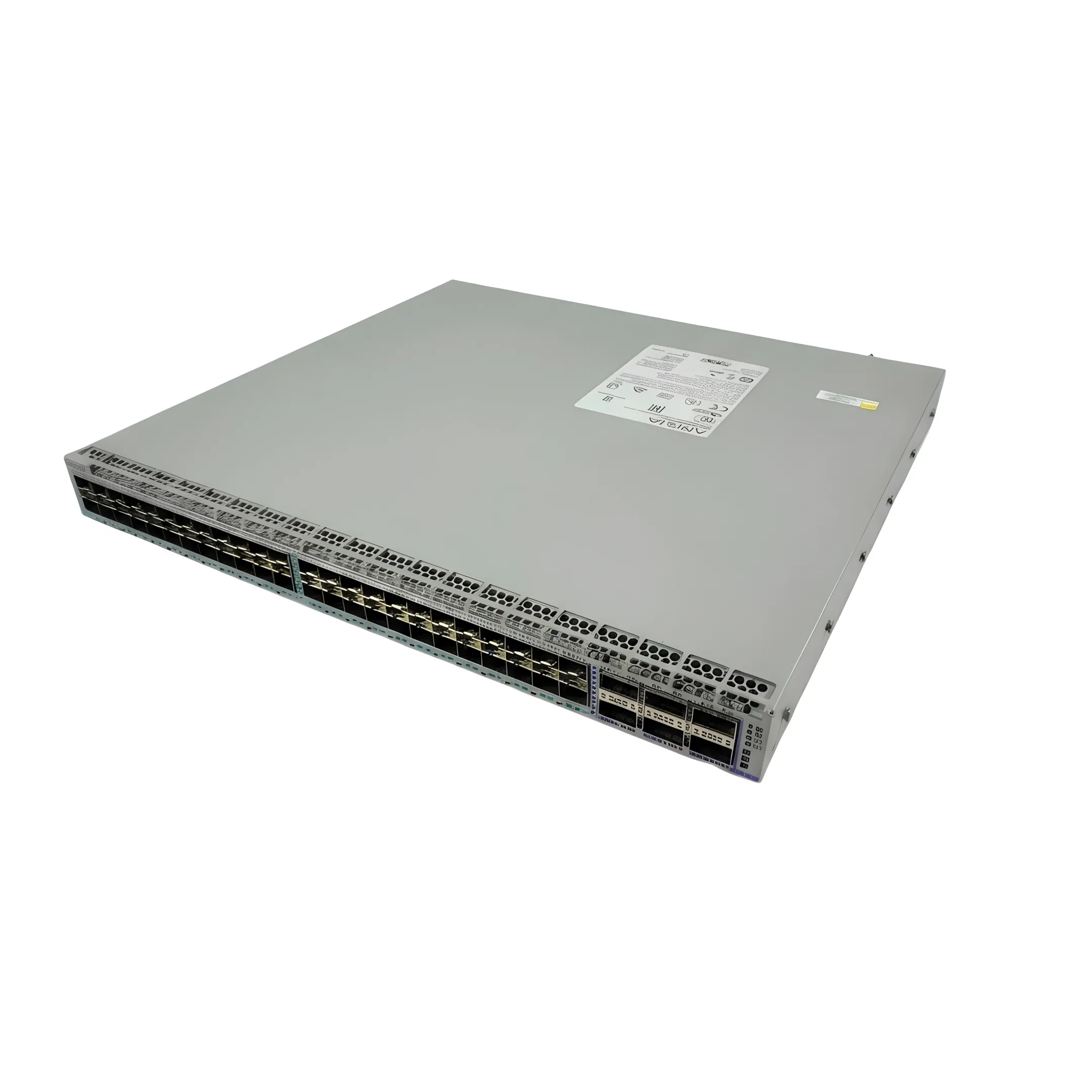 Technician reviewing refurbished network switches and optical modules