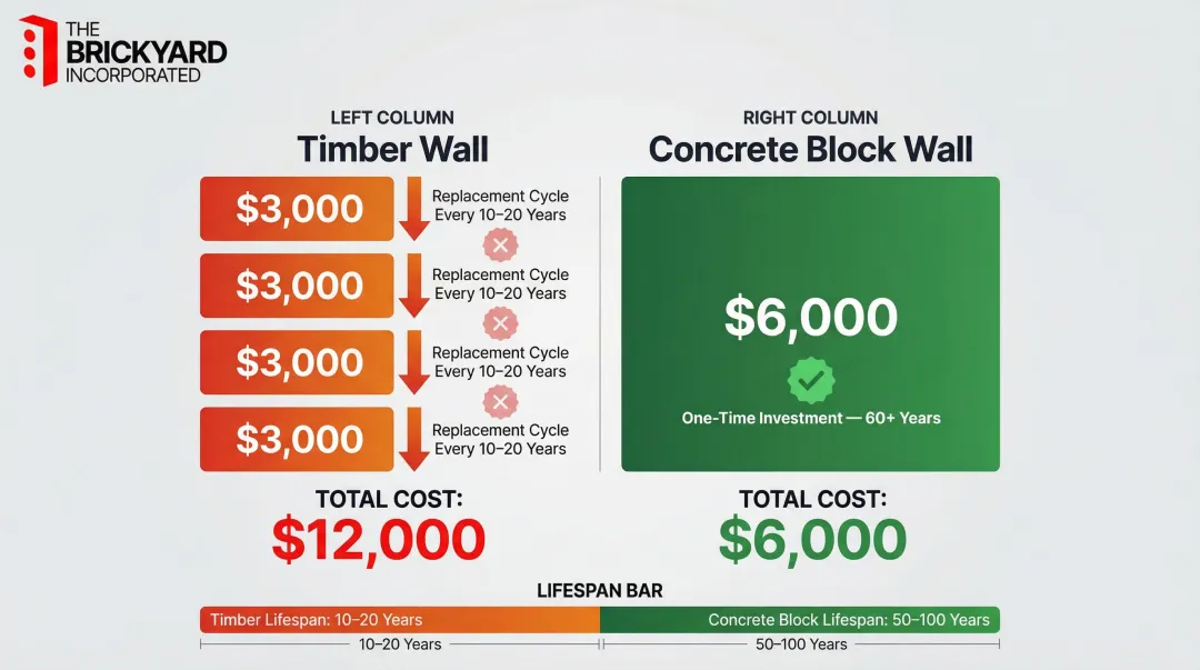 Timber versus concrete block retaining wall 60-year total cost comparison infographic
