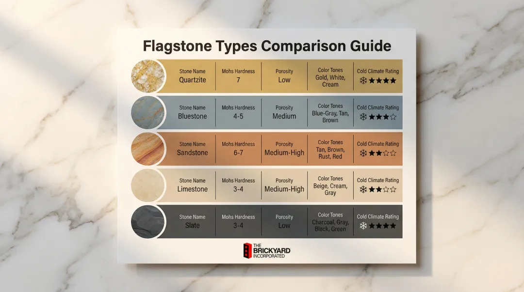 Five flagstone types comparison chart with hardness porosity and climate ratings
