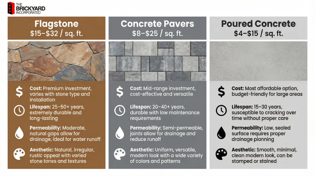 Flagstone versus concrete pavers versus poured concrete cost and features comparison