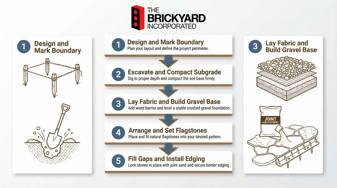 Five-step flagstone patio installation process flow from excavation to gap filling