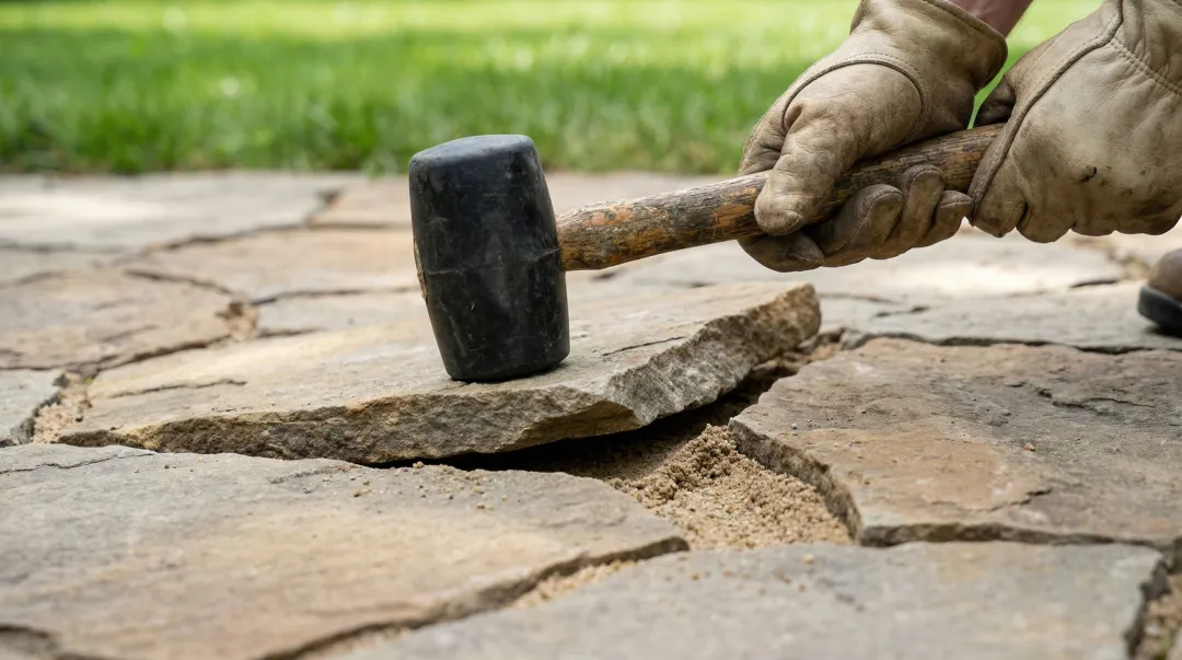 Flagstone patio surface with rubber mallet being used to reset uneven stone