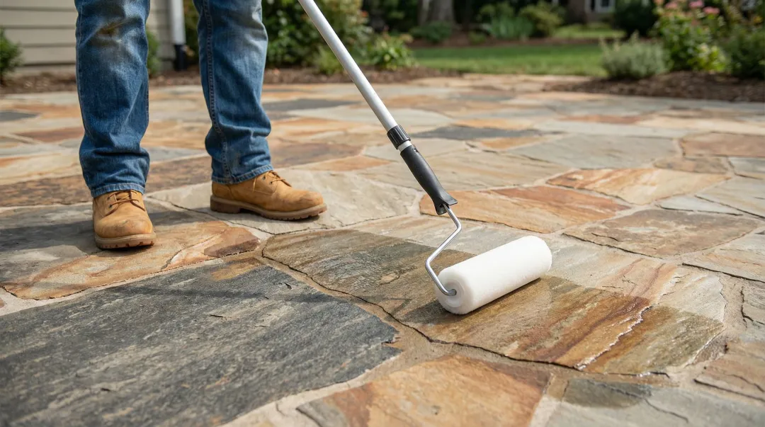 Penetrating stone sealer being applied to natural flagstone patio surface