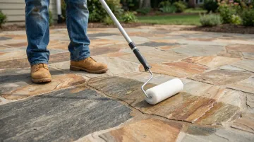 Penetrating stone sealer being applied to natural flagstone patio surface