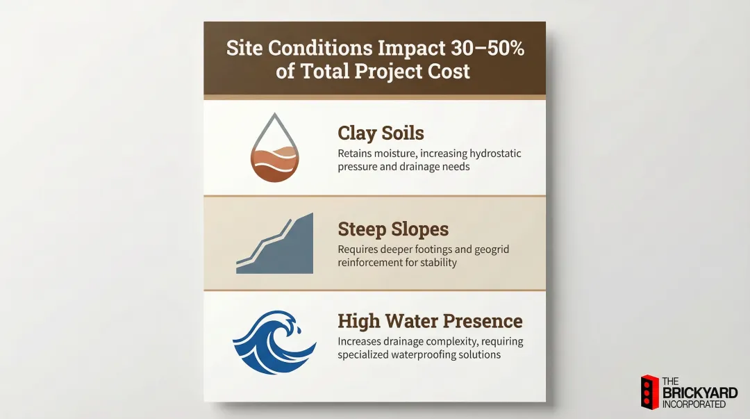Three site-driven retaining wall cost factors clay soil slope and water infographic