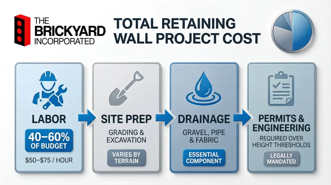 Four-component retaining wall cost breakdown infographic with percentage and dollar ranges