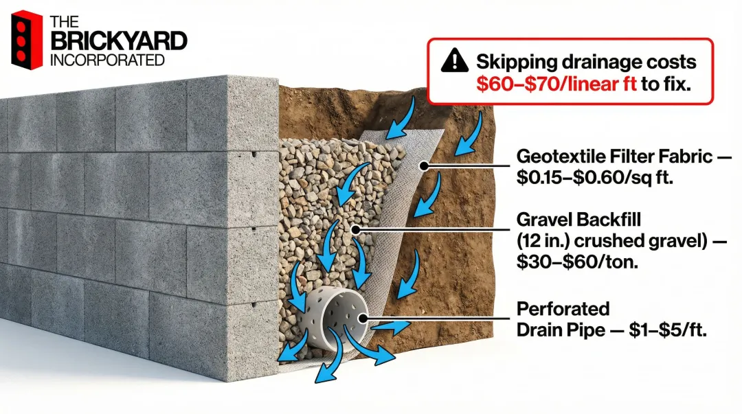 Retaining wall drainage system three-component cross-section diagram with cost labels