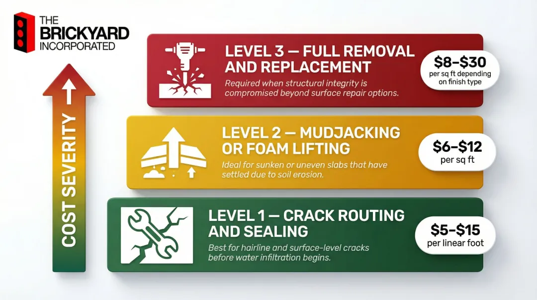 Poured concrete repair cost breakdown from crack sealing to full slab replacement