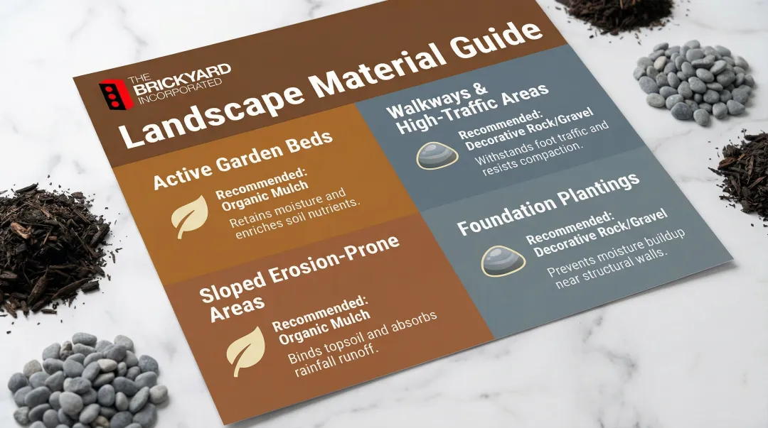 Mulch versus decorative rock application guide by landscape zone and use case