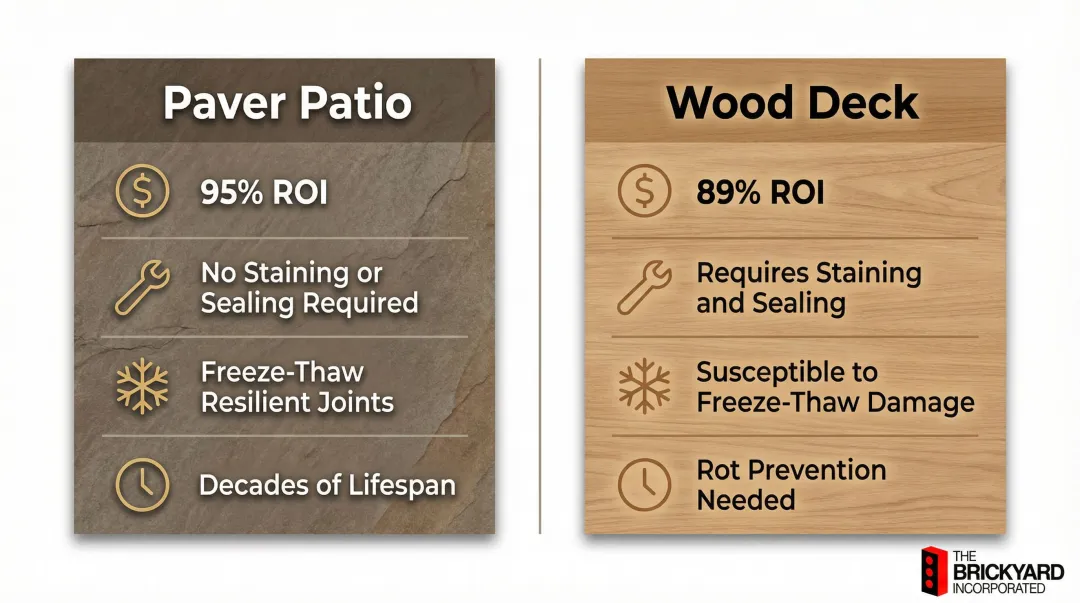 Paver patio versus wood deck ROI maintenance and durability side-by-side comparison