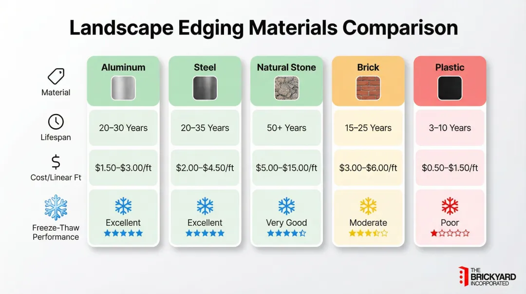 Landscape edging material comparison chart lifespan cost and freeze-thaw performance
