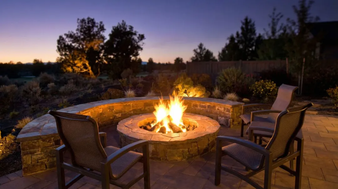 Backyard fire pit with stone surround and gravel seating area at dusk
