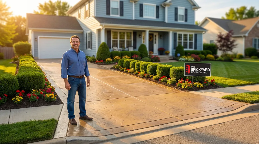 Homeowner admiring well-maintained concrete driveway adding curb appeal and home value