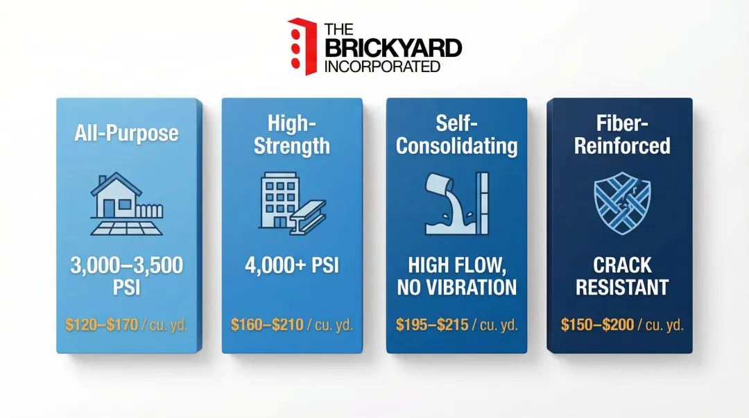 Concrete mix types cost per cubic yard comparison infographic with PSI ratings