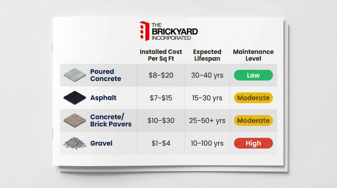 Driveway material comparison chart concrete asphalt pavers gravel cost and lifespan