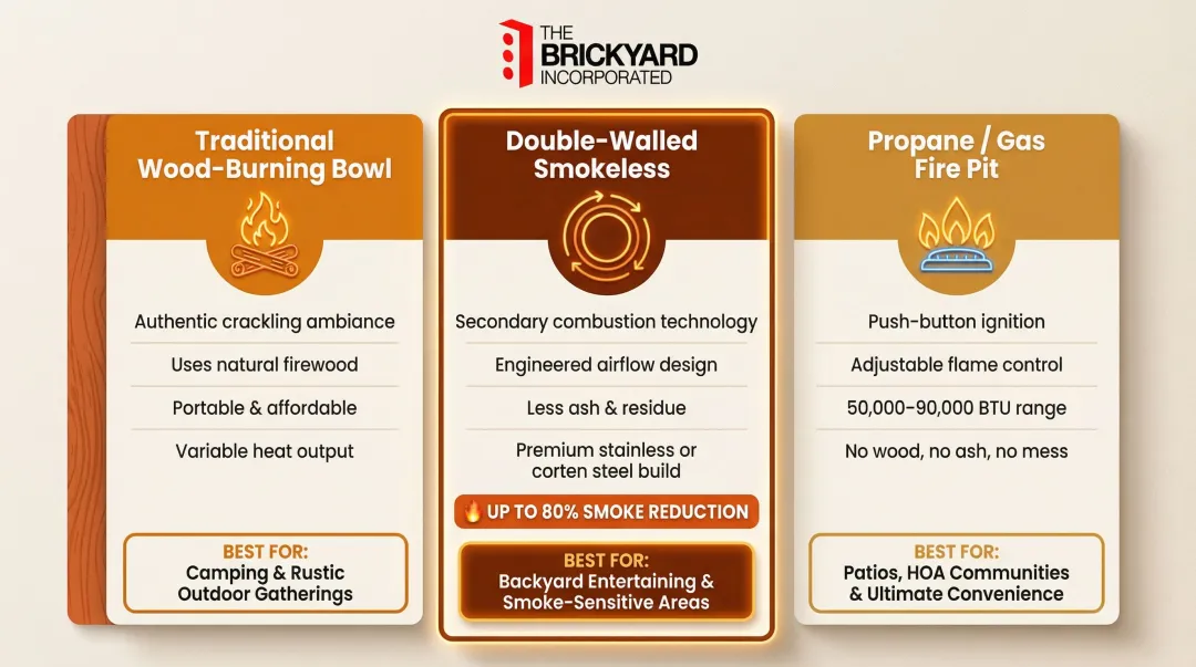 Three fire pit types comparison chart wood smokeless and propane side by side