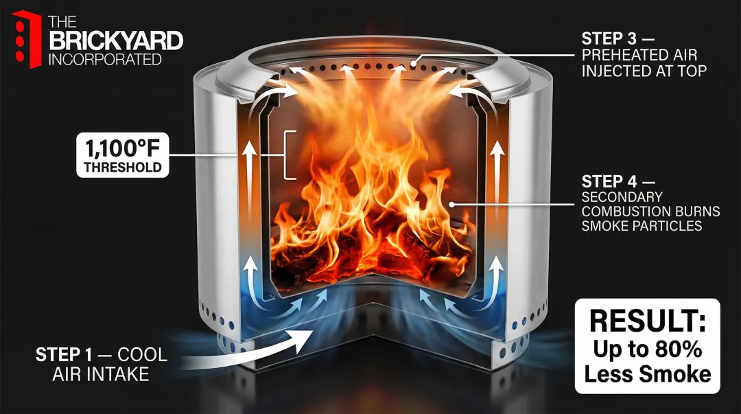 Double-wall smokeless fire pit secondary combustion airflow process diagram