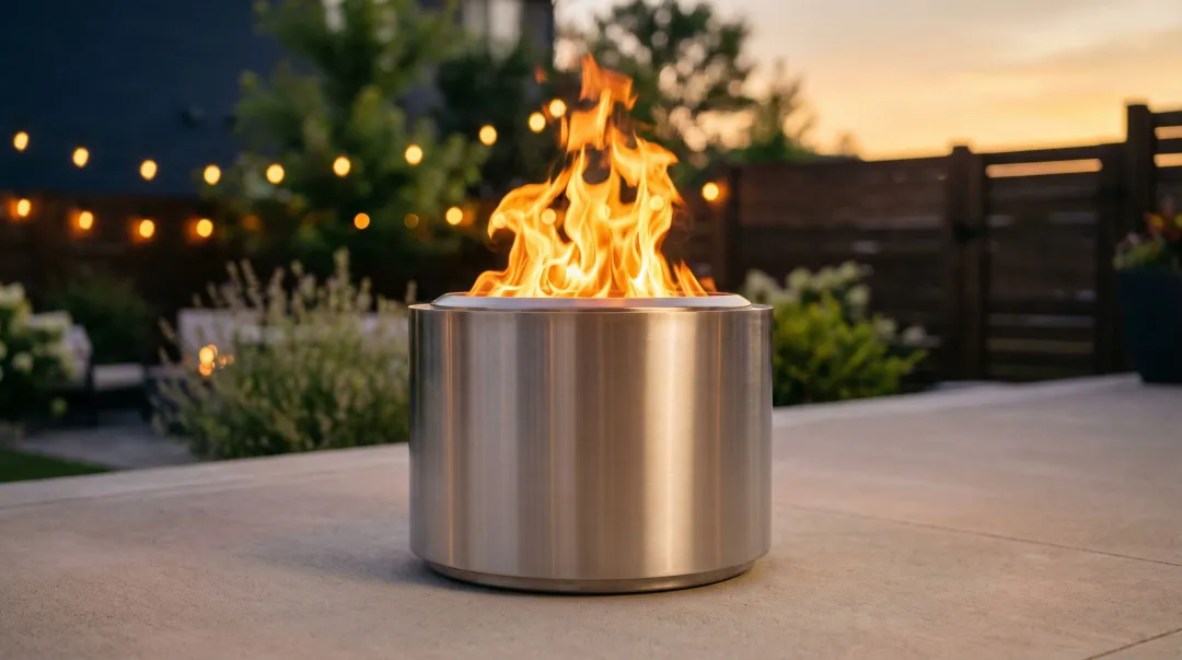 Breeo Y Series stainless steel smokeless fire pit burning in backyard setting