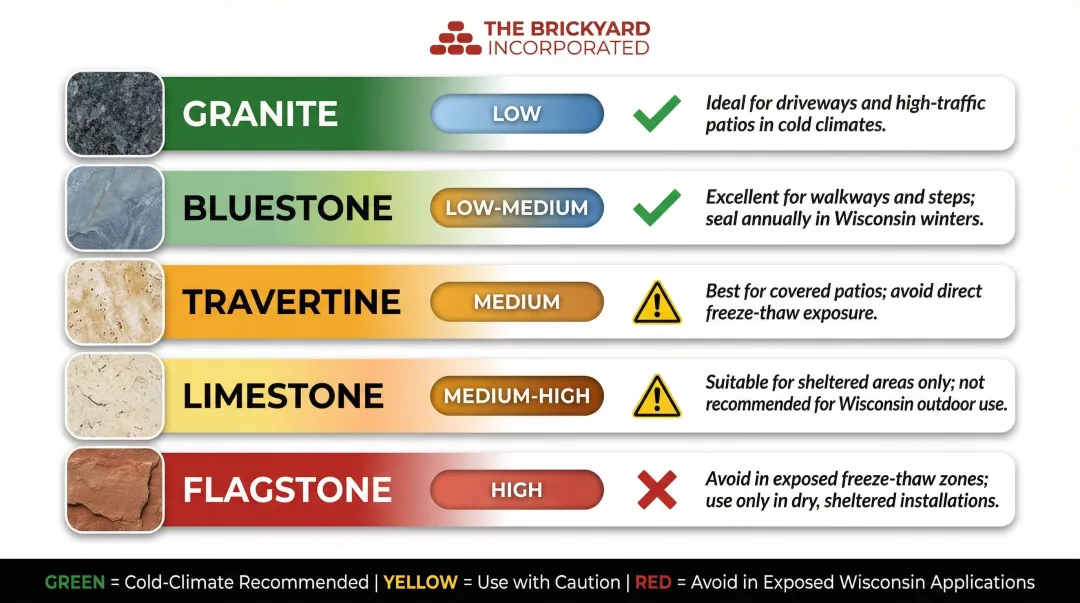 Five natural stone paver types compared by porosity and freeze-thaw performance