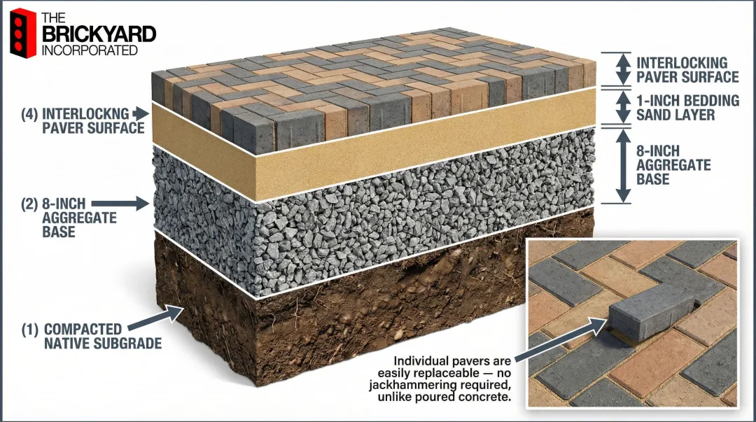 Interlocking paver driveway cross-section showing base layers thickness and herringbone pattern