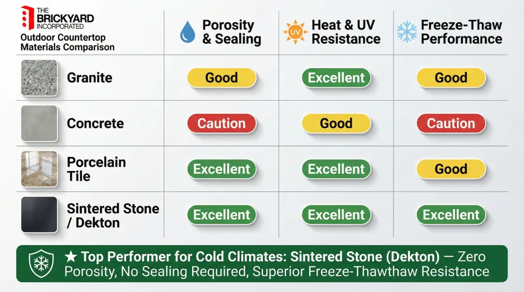 Outdoor countertop materials comparison chart porosity heat freeze-thaw performance