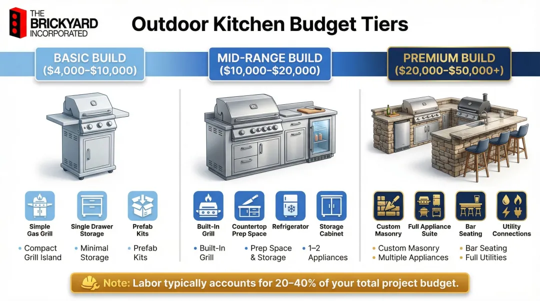 Outdoor kitchen cost tiers comparison from basic to premium builds 2025