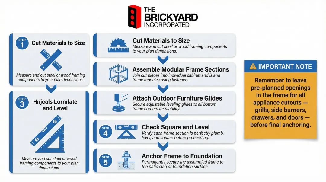 5-step outdoor kitchen frame construction process from cutting to anchoring