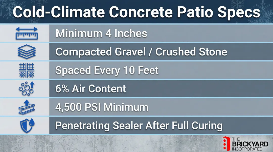 Cold-climate concrete patio specification checklist for Midwest freeze-thaw zone installation