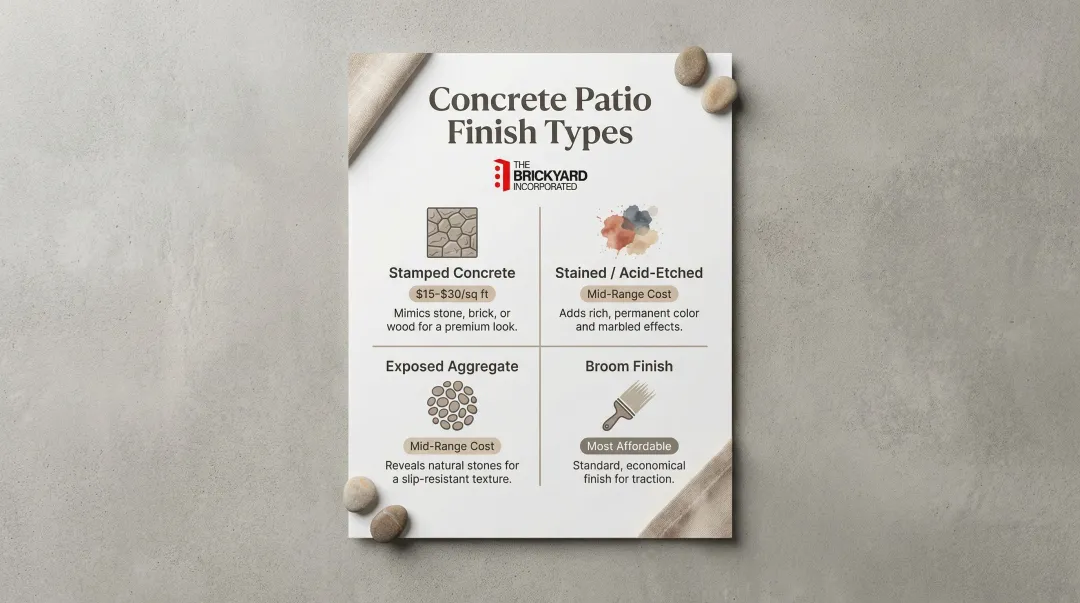 Four popular concrete patio finish types comparison with textures and cost ranges