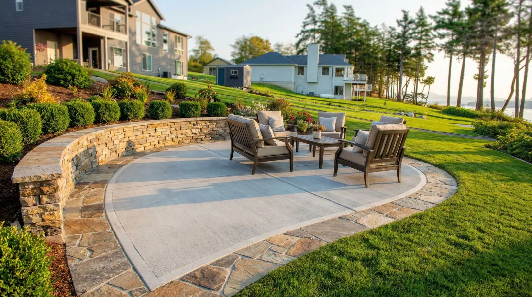 Backyard patio with mixed hardscape materials including natural stone seat wall and paver border