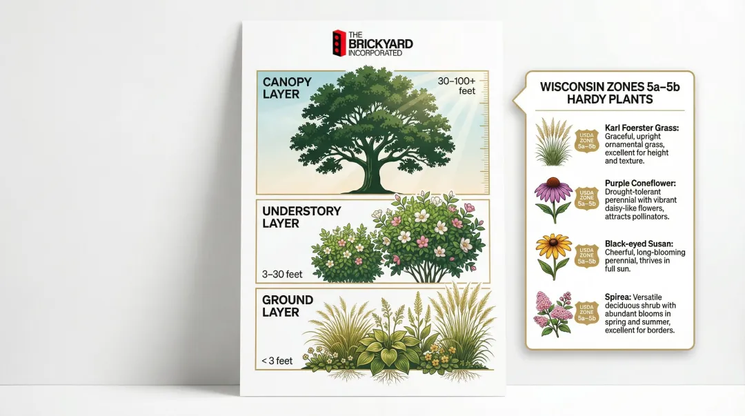 Cold-hardy Wisconsin Zone 5 landscape plant layering guide with seasonal interest