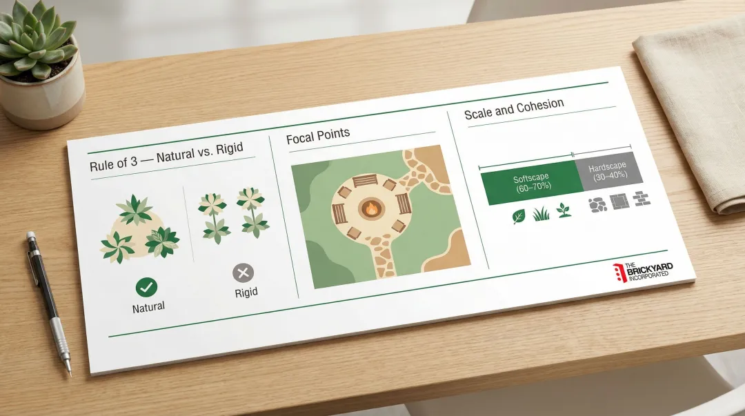 Three core landscape design principles scale proportion focal point and cohesion diagram
