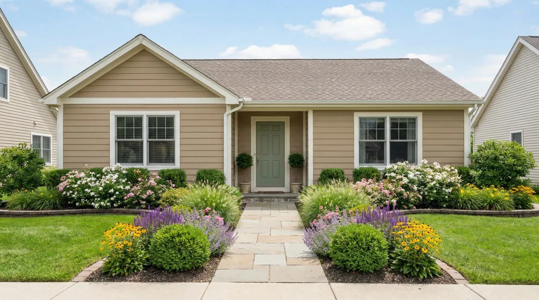 Welcoming front yard with layered plantings paver walkway and stone border edging