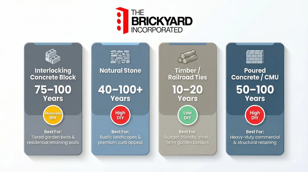 Retaining wall material comparison chart lifespan difficulty and best use